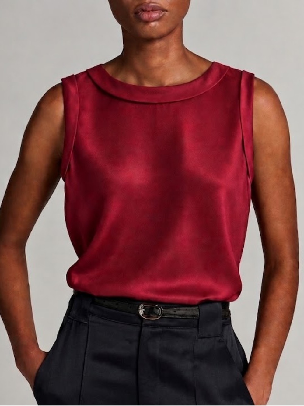 Elie Tahari Stretch Silk Folded Boat Neck Sleeveless Shell Top Burgundy Wine Red